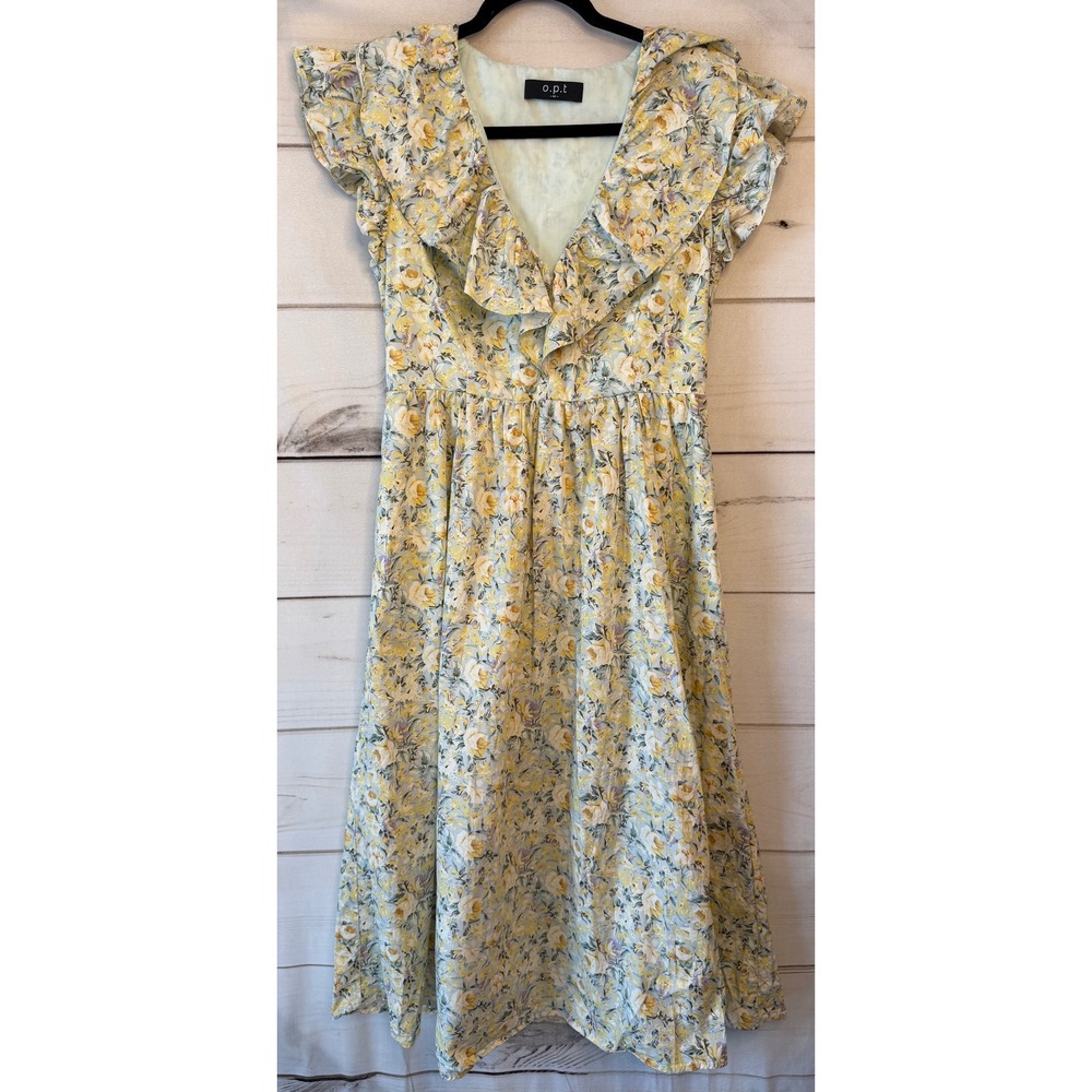 O.P.T. Yellow Floral Ruffle V-Neck Cotton Midi Dress RN 151041 Size M